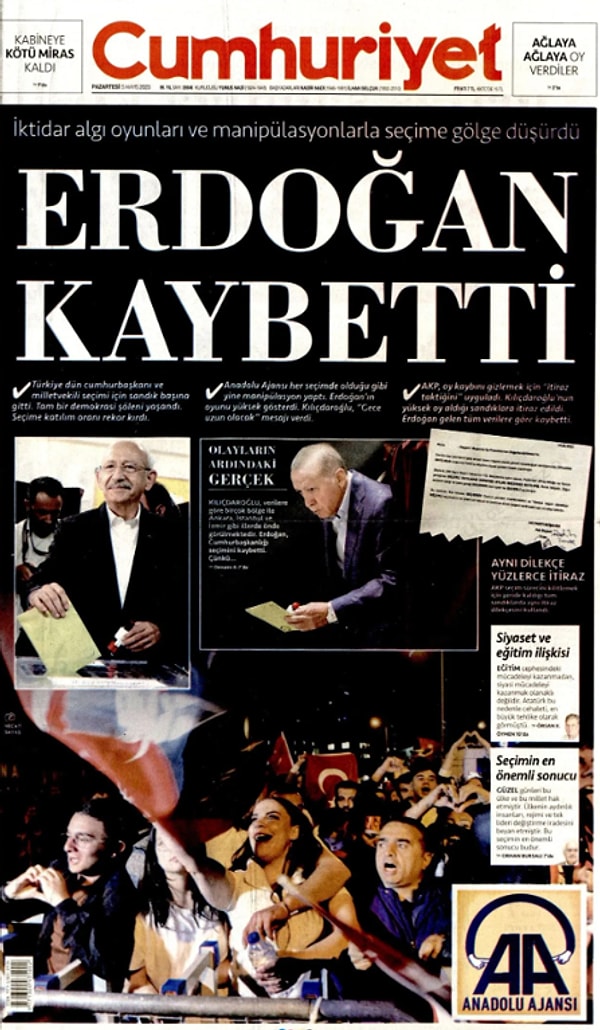 Cumhuriyet gazetesi "Erdoğan kaybetti" ifadelerini manşete taşıdı...
