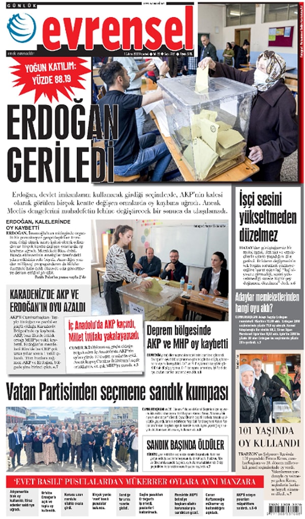 Katılım oranına dikkat çeken Evrensel gazetesi "Erdoğan geriledi" dedi.