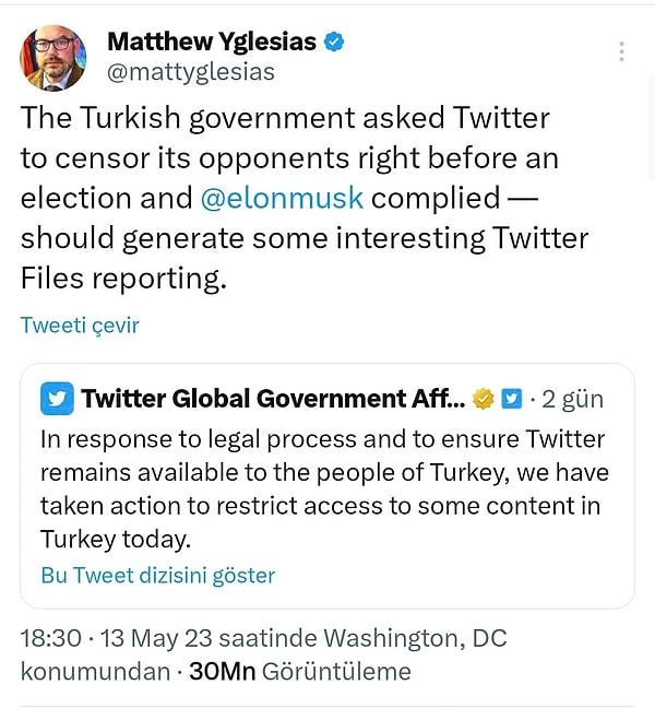 Amerikan bloger ve gazeteci Matthew Yglesias, Elon Musk'ı etiketlediği tweeti ile erişim engeline tepki gösterdi.