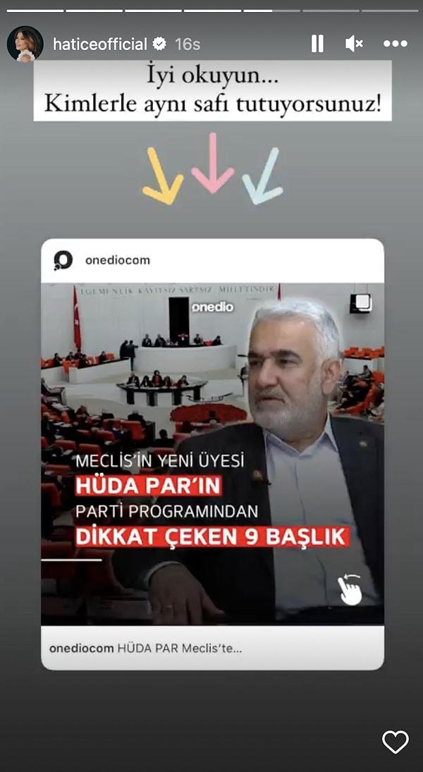 Bir döneme şarkılarıyla damga vuran şarkıcı Hatice ise ONEDİO'nun Instagram hesabından paylaştığı HÜDA-PAR içeriğini hikayesine ekledi.