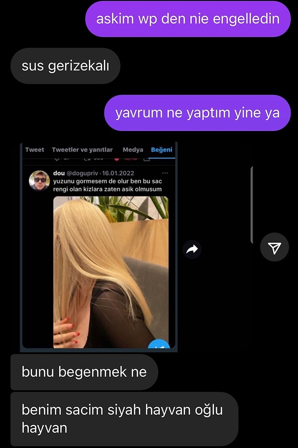 Bahsi geçen konuşmada kız arkadaşı "Ben bu saç rengi olan kıza aşık olurum" yazan tweet'i beğendiği için sevgilisini Whatsapp'tan engellemiş;