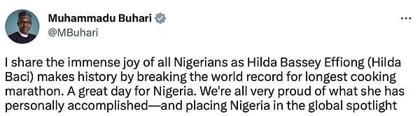 Baci'nin bir önceki rekoru geçmesinin ardından Cumhurbaşkanı Muhammadu Buhari, Nijerya için harika bir gece olduğunu tweetledi.