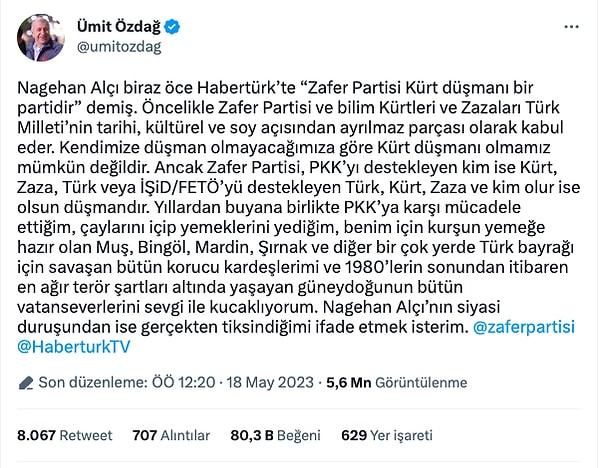 Ümit Özdağ, Nagehan Alçı'nın parti hakkındaki söylemlerinin ardından Twitter hesabından uzun bir açıklama yazısı paylaştı ve böyle bir ırkçılığın kesinlikle söz konusu olmadığını, kendilerinin PKK destekçisi herkese karşı bir tutum sergilediklerini belirtti.