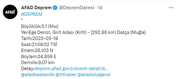 AFAD'dan yapılan açıklamaya göre; merkezüssü Ege Denizi, Muğla (Datça) olan depremin büyüklüğü 5,1. 9 km derinlikte meydana gelen deprem saat 21:58'de oldu.