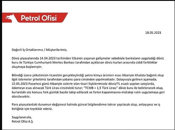 Bugün Türkiye'de önemli akaryakıt firmalarından olan Petrol Ofisi'ne ait olduğu iddia edilen, bir yazı görseli paylaşıldı. Bu yazıda dolar/TL kurunda TCMB+1,5 Lira uygulanacağı belirtiliyordu.