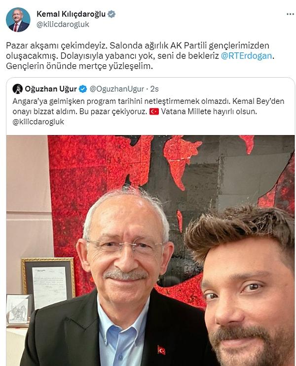 Oğuzhan Uğur'un paylaşımını kendi hesabından da paylaşan Kemal Kılıçdaroğlu, Recep Tayyip Erdoğan'a seslenerek "Gel gençlerin karşısında mertçe yüzleşelim" dedi.