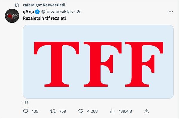 Ardından Beşiktaş resmi taraftar grubu hesabı Çarşı'nın TFF'ye yönelik öfkeli paylaşımını retweet etti.