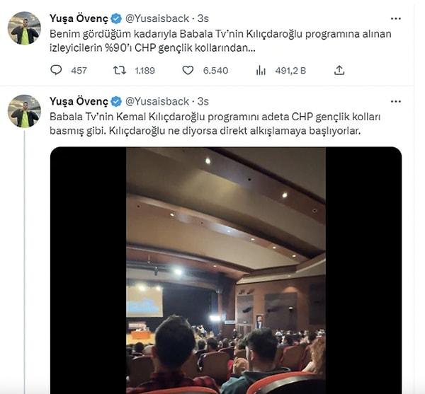 Programı salonda takip eden Yusa Övenç'in çekimler sırasında yaptığı paylaşımlar ise sosyal medyada gündem oldu. Övenç, önce salondaki çoğu kişinin CHP'li olduğunu iddia etti.