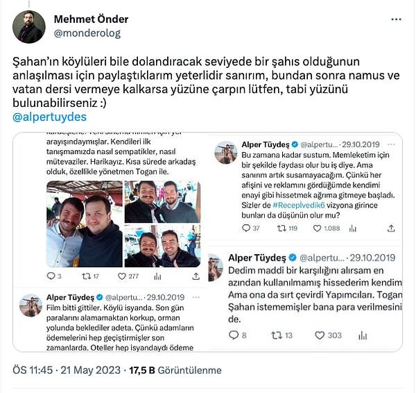 Fotoğrafçı Alper Tüydeş'in Şahan Gökbakar ve kardeşi Togan Gökbakar hakkında yaptığı paylaşımların ekran görüntülerini paylaştı.