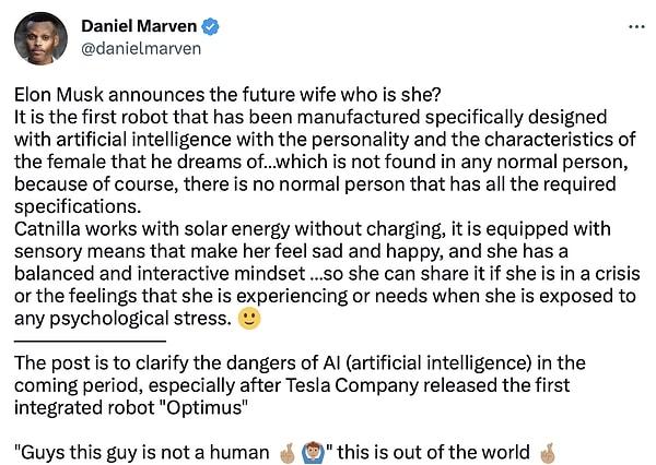 "Bu, hayalini kurduğu kadının kişiliğine ve özelliklerine sahip yapay zeka ile özel olarak tasarlanmış ilk robot."