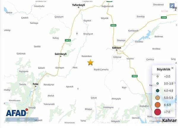 Kahramanmaraş’ın Göksun ilçesinde, bugün saat 19.06'da, 7 kilometre derinlikte, 4.7 büyüklüğünde deprem oldu.