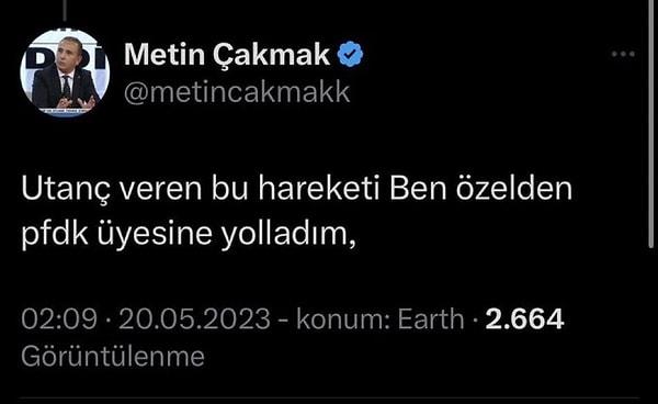 Maçın ardından AK Parti İstanbul İl Yerel Yönetimler Birim Başkanlığı K. Üyesi Metin Çakmak'ın bu twiti gündem olmuştu.