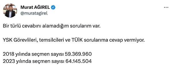 Ancak kafaları kurcalayan bazı problemler de yok değil. Bunlardan biri de Gazeteci Murat Ağırel'in gündeme getirdiği seçmen sayısı sorunsalı. 2023 yılında sandığa gidecek seçmen sayısı 64.145.504 iken,