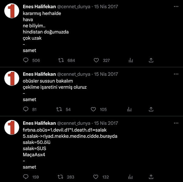 Enes Halifekan Hesabından 15 Nisan 2017 tarihinde atılan tweetler