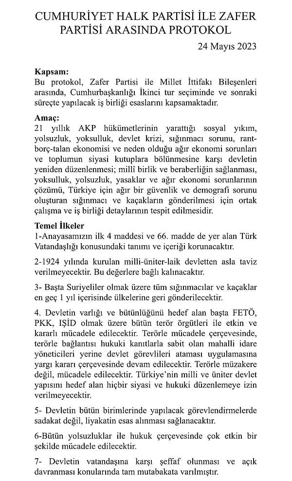 Cumhurbaşkanı Adayı Kemal Kılıçdaroğlu ve Ümit Özdağ arasında imzalanan protokol metni ise şöyleydi: