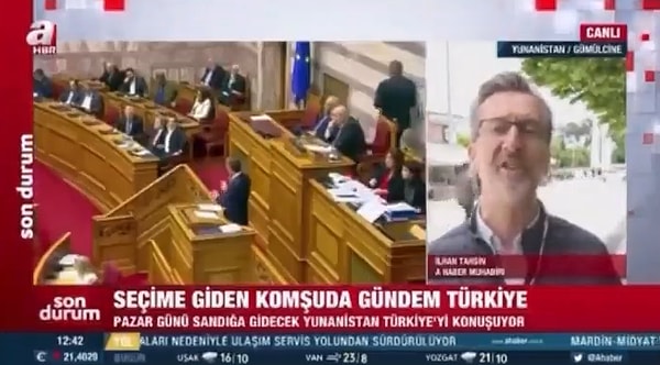 O anlarda A Haber'de 'Seçime giden komşuda gündem Türkiye' metni ekrana verilirken, Yunanistan'da bulunan muhabir ise, "Yunan basını Kılıçdaroğlu'nu tehlikeli olarak görmeye başladı. Kılıçdaroğlu'nun 'Adaları geri alacağız' söylemleri Yunanistan'ı korkuttu" dedi.