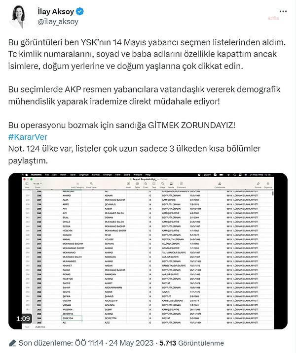 DP Genel Başkan Yardımcısı İlay Aksoy, ikinci tur seçimlerine üç gün kala, YSK'dan aldığı yabancı seçmen listelerini Twitter’dan paylaştı.