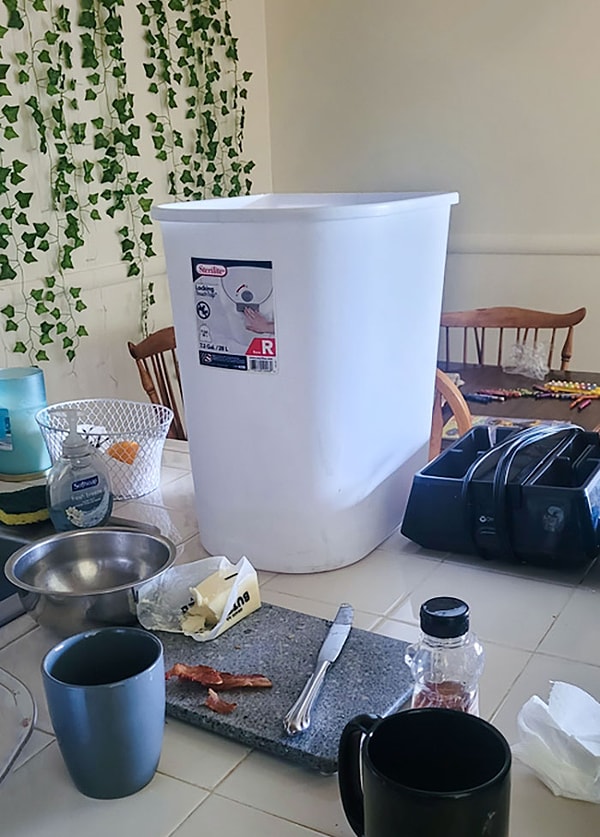 27. «Вместо того, чтобы положить пакет в мусорное ведро, муж ставит ведро на стол»