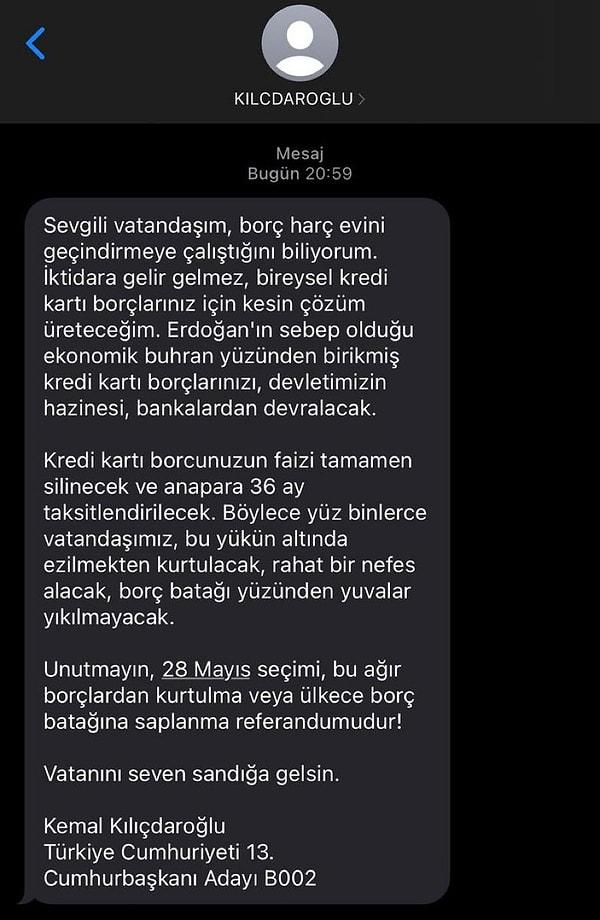 Kemal Kılıçdaroğlu’nun vatandaşlara gönderdiği SMS 👇