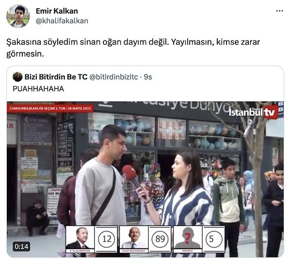 Bu ifadelerin sosyal medyada gündem olmasıyla da Emir Kalkan, Twitter'da şaka yaptığını, Sinan Oğan'ın dayısı olmadığını açıkladı.