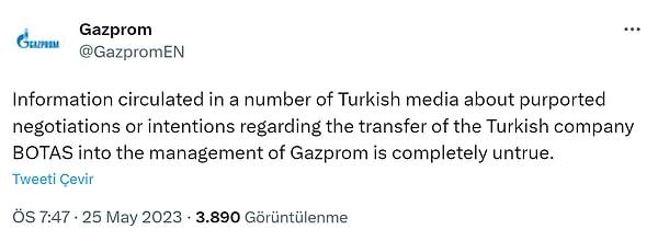 Rus Gazprom da yaptığı paylaşımla, Türk medyasında bazı basın yayın organlarında BOTAŞ’la ilgili çıkan iddiaları yalanlandı.