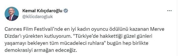 Cumhurbaşkanı adayı Kemal Kılıçdaroğlu ise Merve Dizdar'ın bu başarısını Twitter hesabı üzerinden tebrik etmişti.