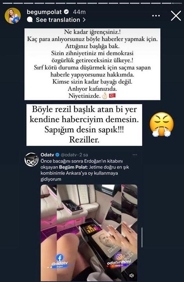 Ayrıca video, birçok haber ve magazin kanalı tarafından da paylaşıldı. "Önce bacağını sonra Erdoğan'ın kitabını okşayan Begüm Polat: Jetime doğru en şık kombinimle Ankara'ya oy kullanma gidiyorum" cümleleriyle atılan başlıklara kızan Begüm Polat duruma tepki gösterdi.
