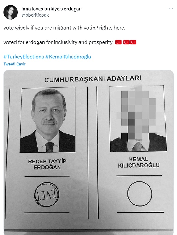 "Burada oy hakkı olan bir göçmenseniz akıllıca oy verin. Kapsayıcılık ve refah için Erdoğan'a oy verdim"