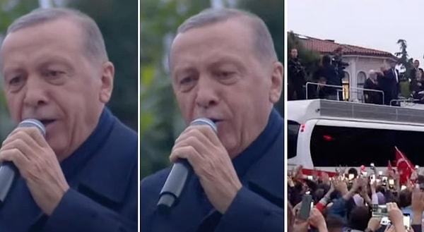 Erdoğan, Külliye'de yapacağı konuşmadan önce halkın karşısına çıktığı otobüste, seçim kampanyasında kullandıkları "Duyanlara Duymayanlara" şarkısını seslendirdi.