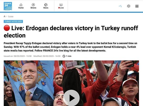 6. France 24: "Canlı blog: Erdoğan Türkiye'deki ikinci tur seçimlerinde zaferini ilan etti"