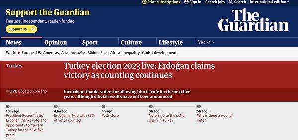 11. The Guardian: "Türkiye 2023 seçimleri canlı: Sayım devam ederken Erdoğan zaferini ilan etti"