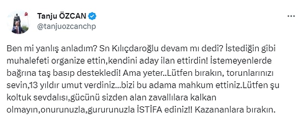 Tanju Özcan: "Onurunuzla, gururunuzla istifa edin"