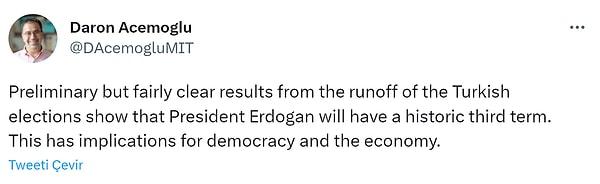 28 Mayıs ikinci tur seçimlerin ardından da sonuçları yorumladı. 5 maddede yorumlarını sıralayan Acemoğlu, her daim olduğu gibi demokrasi vurgusunu da yineledi.