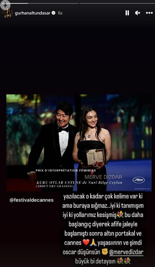 Eski eşi Dizdar'ın Cannes'dan bir fotoğrafını paylaşan Gürhan Altundaşar, "Şimdi Oscar düşünsün. Merve Dizdar büyük bir detaysın" yazarak yanında olduğunu belirtti.