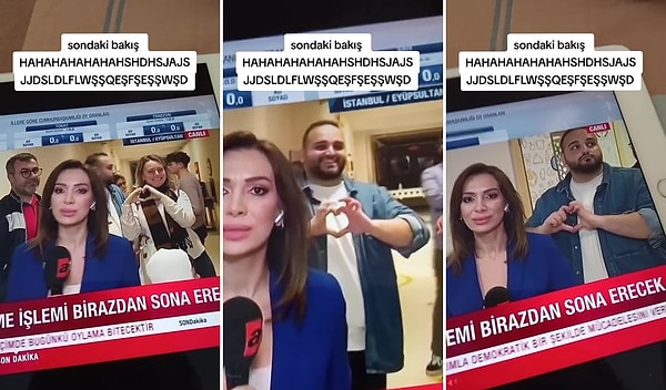 Muhabirin kadrajına girerek elleriyle kalp yapan vatandaşları çekmek istemeyen ATV kameramanı açısını değiştirse de o vatandaş ısrarla kadraja girerek eliyle kalp yapmaya devam etti.