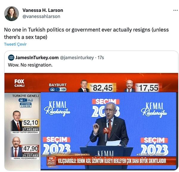 Larson ’Türk siyasetinde ya da hükümetinde (seks kasedi çıkmadıkça) kimse gerçekten istifa etmez’ açıklamasına bulundu.👇
