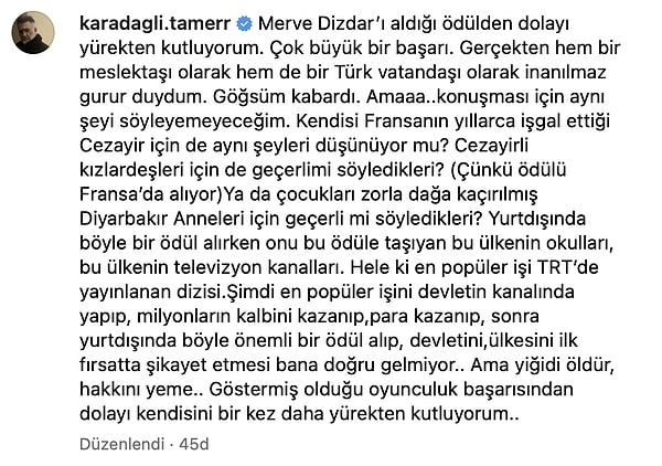 Tamer Karadağlı'nın sosyal medyada kısa sürede gündem olan sözleri şu şekilde: