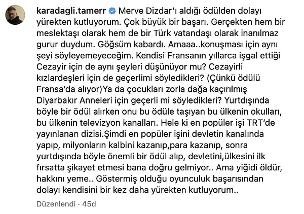 Tamer Karadağlı'nın sosyal medyada kısa sürede gündem olan sözleri şu şekilde: