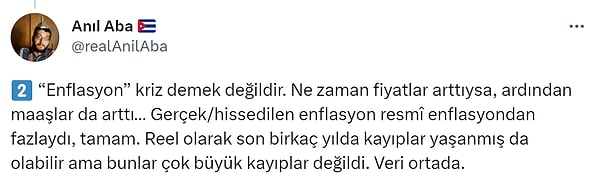 Enflasyonla hissedilen erimenin aslında kısa sürede çözüldüğünü, eriyen kısmın da tolere edildiğini belirtti.