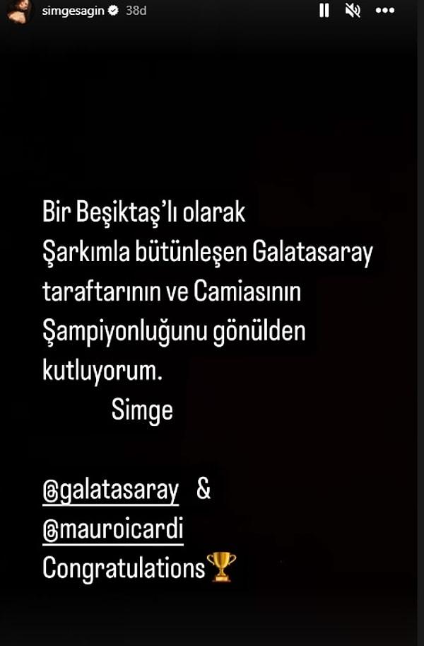 33. Beşiktaşlı Simge Sağın'dan Galatasaray'a tebrik mesajı.