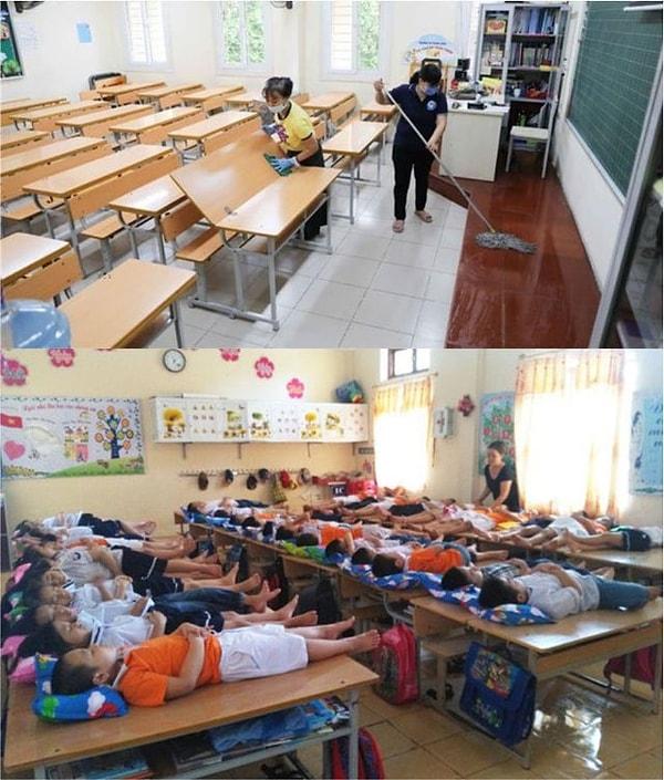 7. Vietnam'daki ilkokullarda masalar aşağıda gördüğünüz gibi açılabiliyor ve öğrenciler öğle uykusuna yatıyor 👇