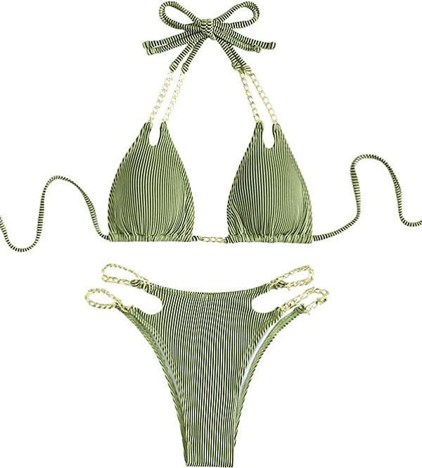 9. Zeytin yeşili rengiyle büyüleyen bu bikini, plajların gözdesi olmanızı sağlayacak.