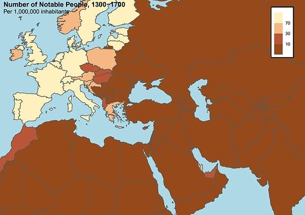 1300-1700 yılları arasına baktığımızda ise Avrupa'daki önemli bilim adamlarının oranı İslam dünyasına fark atmış durumda. O tarihlerde Avrupa'da sömürgecilik hareketleri yükselişe geçiyor.