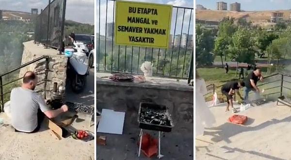 Gaziantep Şahinbey'de "Mangal ve semaver yakmak yasaktır" yazılı tabelanın altında onlarca kişinin mangal ve semaver yaktığı görüldü.