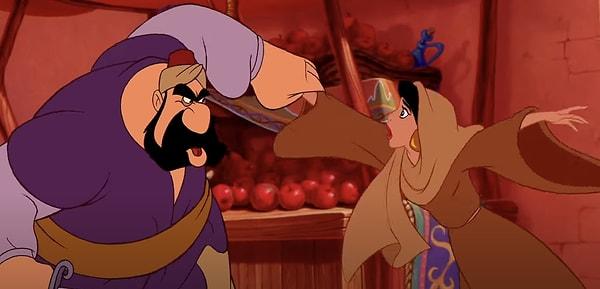 Aladdin'in bir sahnesinde ise Prenses Yasemin bir elma alıp aç bir çocuğa verir.