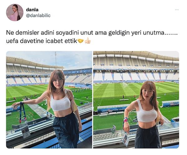 Bu fotoğrafları Instagram hesabında da paylaşan Danla Bilic, Twitter'da "Ne demişler? Adını soyadını unut ama nereden geldiğini unutma... UEFA davetine icabet ettik" notuyla yaptığı paylaşımı sonradan kaldırdı ama...