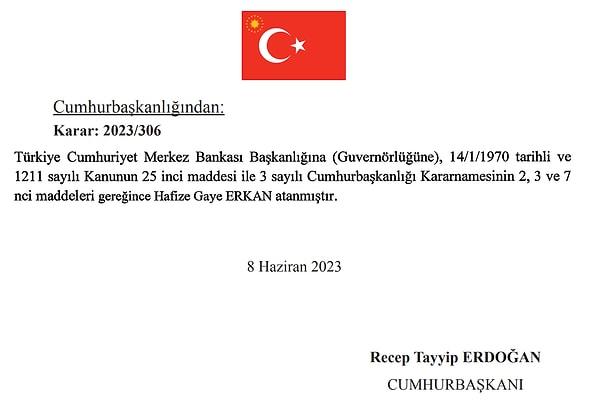 Cumhurbaşkanı Erdoğan imzalı Resmi Gazete'nin 9 Haziran 2023 tarihli sayısında atama kararı açıklandı.