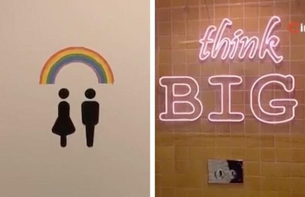 Videoda, tuvaletlerin olduğu bölümde kadın ve erkek tuvaleti dışında LGBT'lilere özel, ayrı bir tuvalet daha olduğu görülüyor. Kapısında hem kadın hem erkek sembolü ve gökkuşağı olan tuvaletin içinde de "Büyük Düşün!" yazan bir led tablo var.