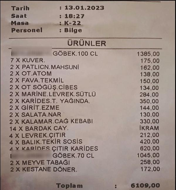Önce diğerlerine nazaran uygun olanlarla başlayalım: Fenerbahçe'de bulunan Mezze House'un bu adisyonu 7 kişilik ve sosyal medya kullanıcıları bu hesabı normal bulmuş.