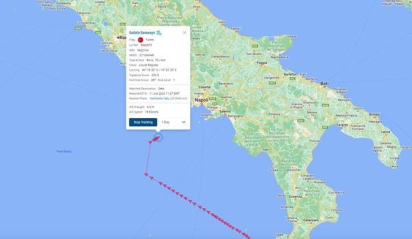 Gemi kaptanı ve şirket yetkilileriyle yapılan değerlendirme sonucunda AAKKM tarafından MRSC Ajaccio (Fransa) ve MRCC Roma (İtalya) ile irtibata geçildiği, gemi şirketi yetkililerinin talebi ve MRCC Roma'nın onayı doğrultusunda İtalya'nın Napoli limanına doğru geminin seyrine karar verildiğine yer verilen açıklamada, şu ifadelere yer verildi:
